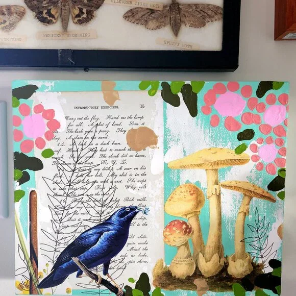 Hand Crafted "Introductory Exercises 2" Original Art on Canvas Bird Floral